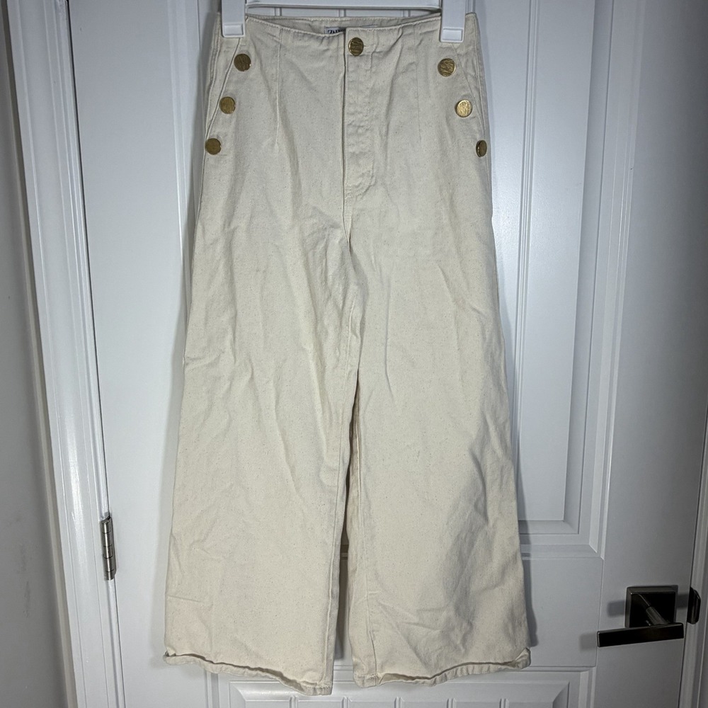 Zara High Rise Ecru Denim Pants Gold Button Detail Women's US 2